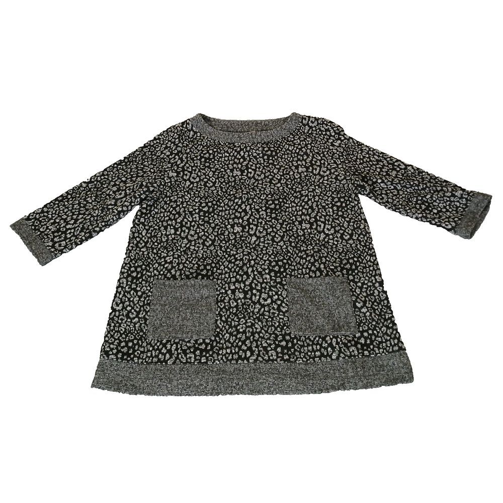 Chicos Womens Pullover Sweater Tunic Fleece Pockets Animal Print Gray Black Sz 2